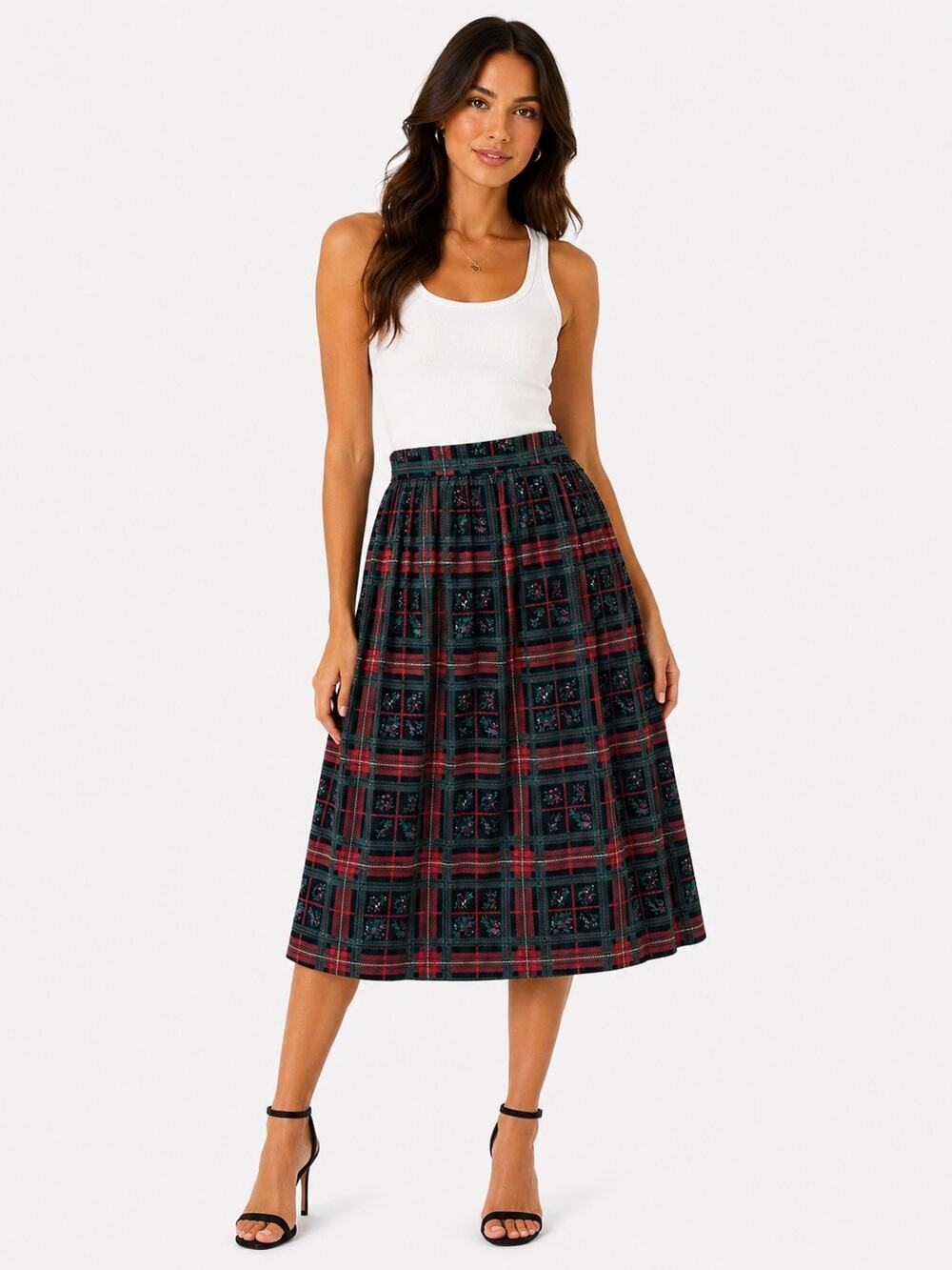 Vintage ‘90s Black, Red, Green & Blue Floral Plaid A-Line Midi Skirt